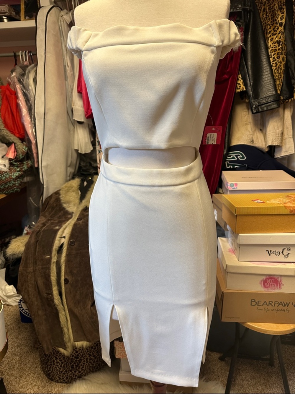 Endless Rose White Off-Shoulder Cutout Midi Dress with Front Slits